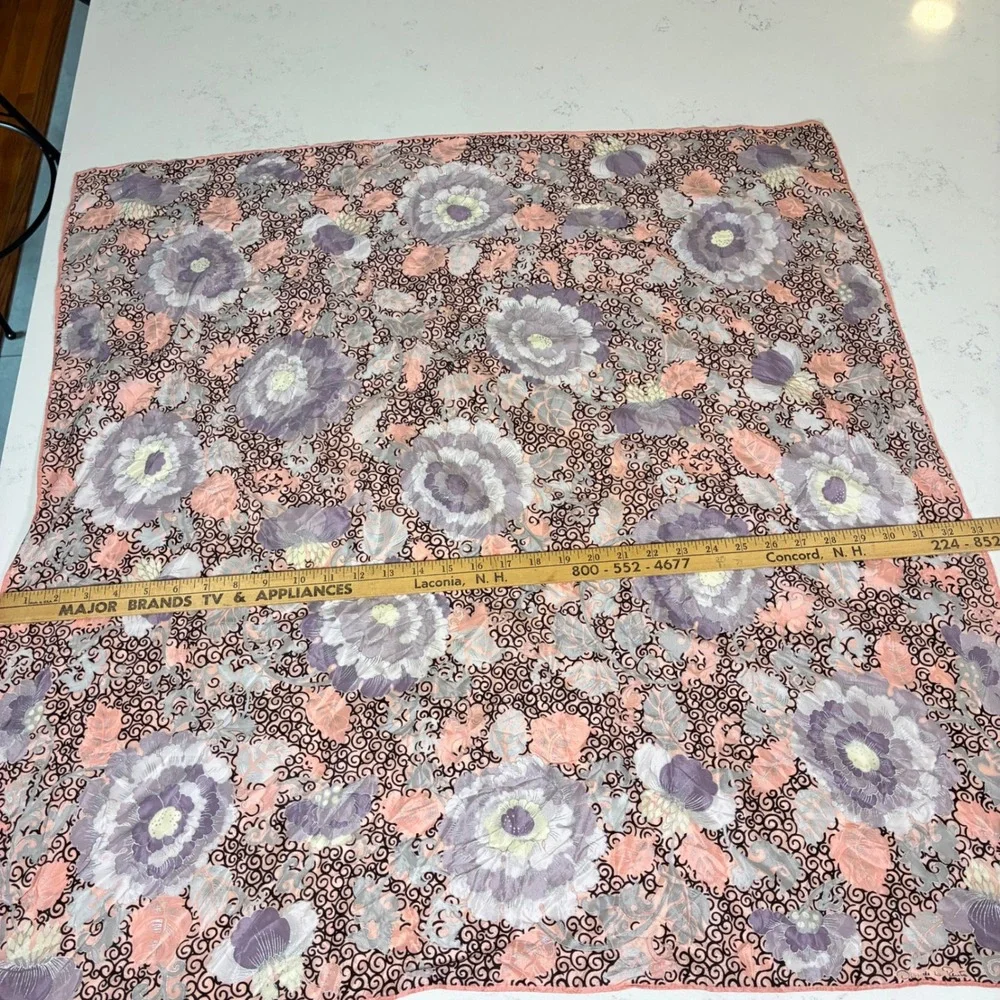Vtg Oscar de la Renta Scarf Peach Purple Japanese Silk Floral Designer Cottage